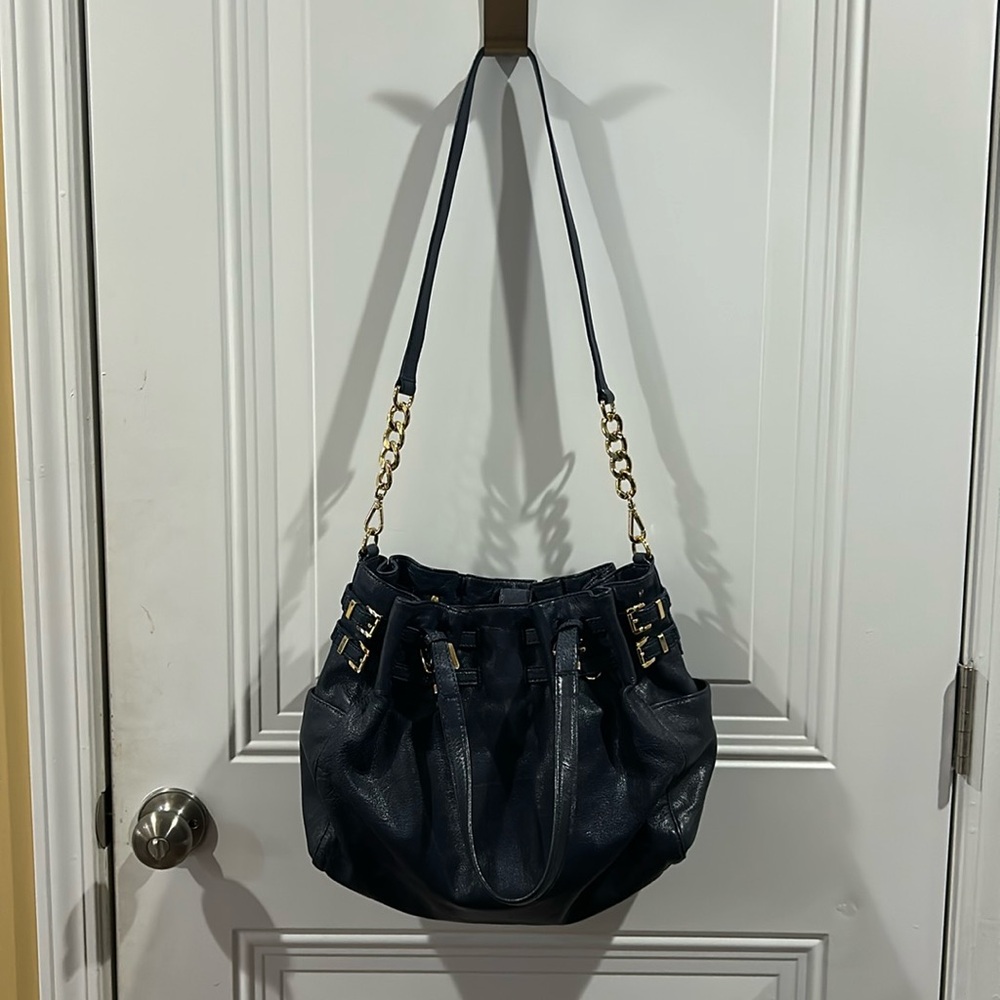 MICHAEL Michael Kors Navy Leather Shoulder Bag with Gold Hardware